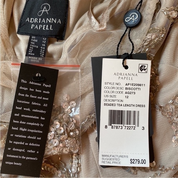 Adrianna Papell Illusion Beaded Mesh Boat Neck Short Sleeve Dress in Biscotti - Picture 9 of 9